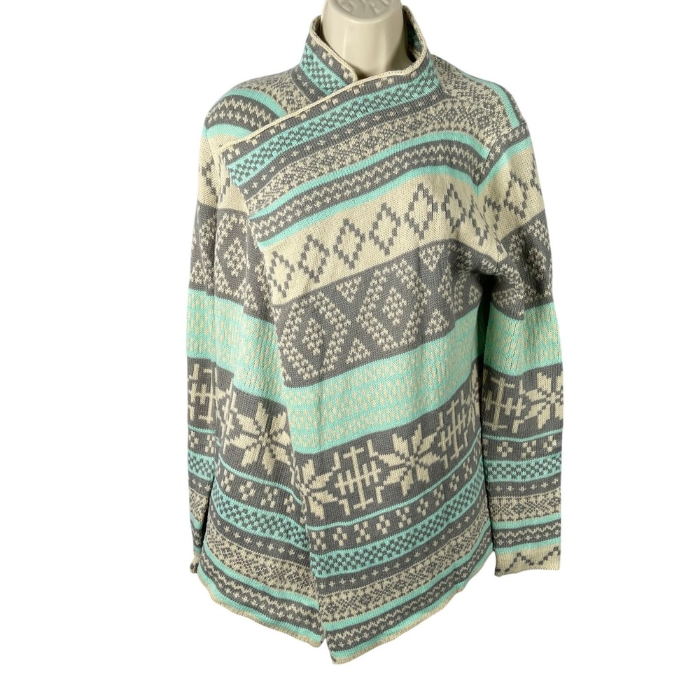 Kate Collection Cardigan Womens Medium Turquoise Gray Fair Isle Print Draped